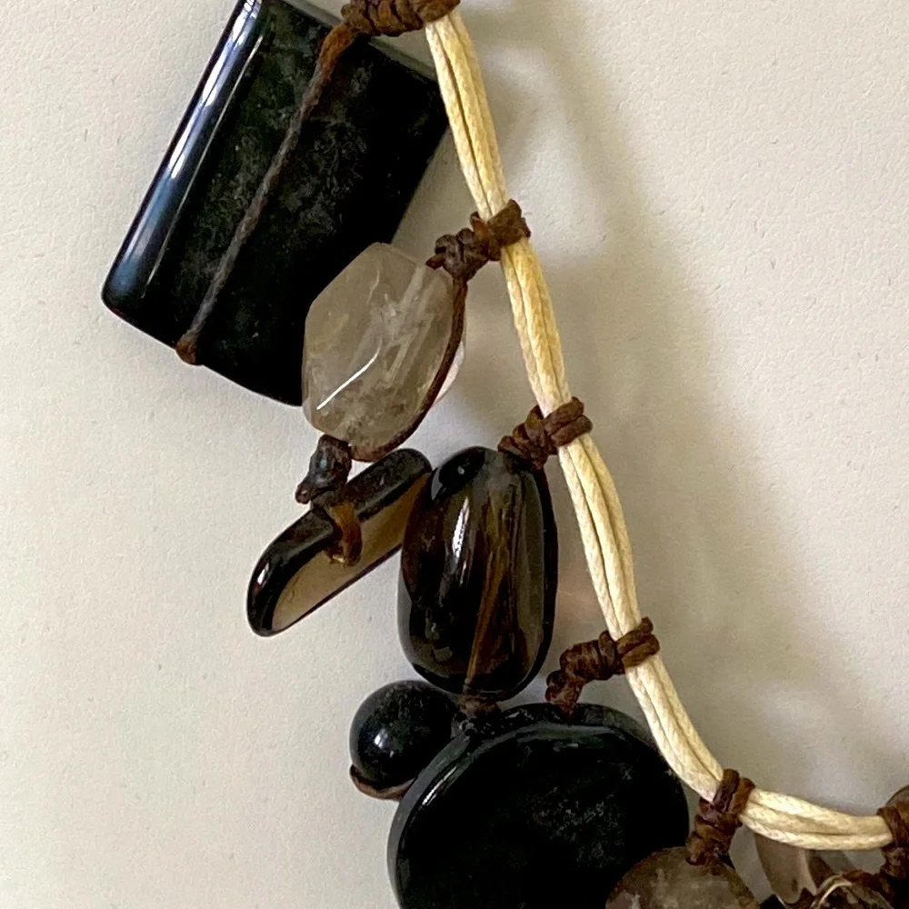 Polished Stone and Millefiori Flower Glass bead necklace rustic